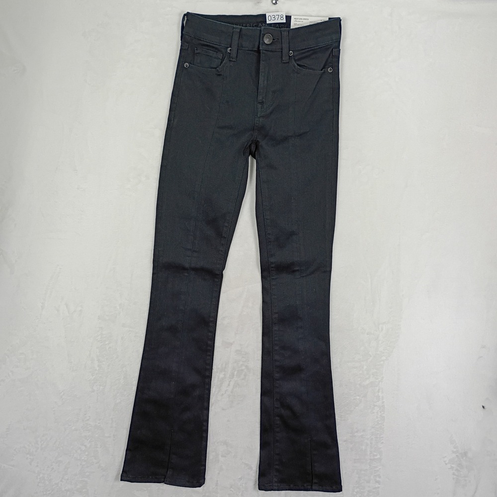 American Eagle Skinny Kick Jean Womens 00 Black High Rise Split Hem Y2K 90s Boho